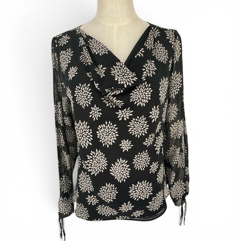 The Limited Silk Blouse Large Black White Floral Cowl Neck Split Tie Sleeve Top